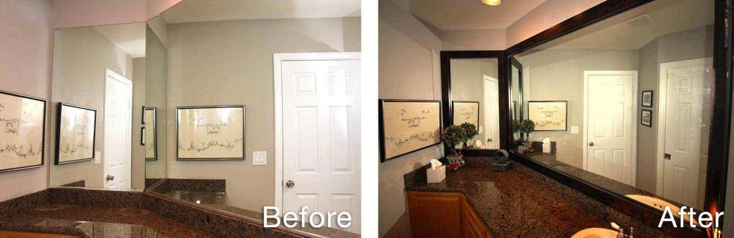 Before / After photos of a bi-fold mirror framed with a Neo Solano Style Frame in Bronze / Black